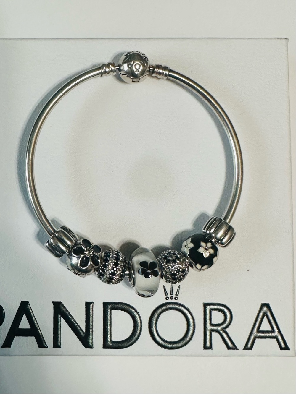 Pandora Silver Bracelet with Black & Silver Floral Charms